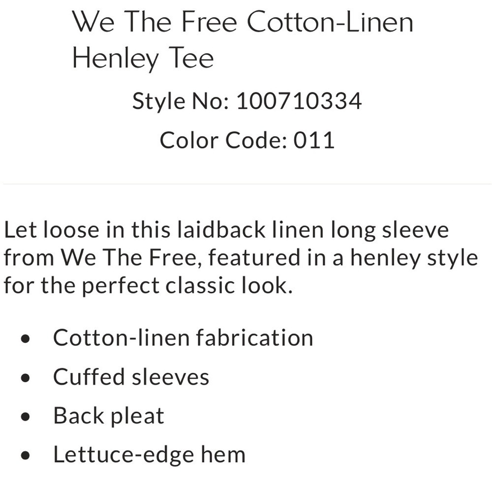 We The Free Cotton Linen Henley Long Sleeve Tee medium ivory white new - Picture 5 of 11
